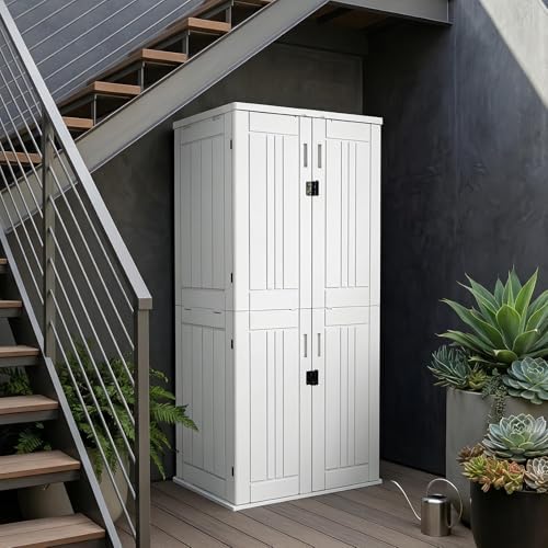 ZYJOYY Outdoor Storage Cabinet with 4 Shelves, 31.5" x 23.23" x 66.22" White Waterproof Resin Vertical Tool Shed, Lockable 30 cu.ft. Storage Shed for Patio, Garden, Yard