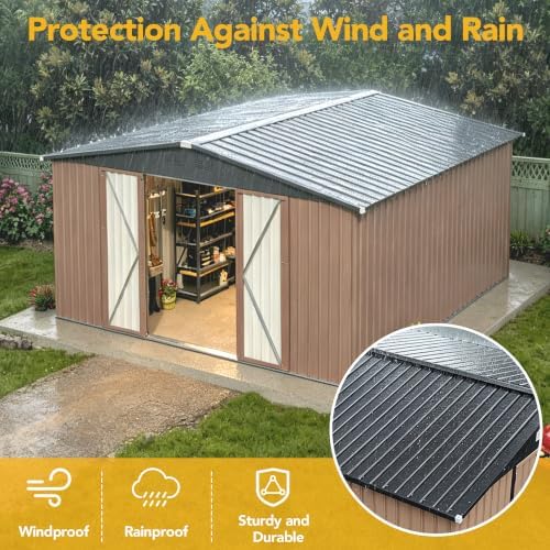 14x12FT Outdoor Storage Shed, Tool Shed with Sloping Roof and Lockable Door, Galvanized Metal Shed for Backyard Garden Patio Lawn, Brown