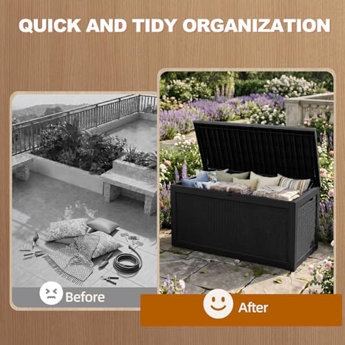 EFU Outdoor Storage Box 360 Gallon Deck Box, Waterproof Resin, Black