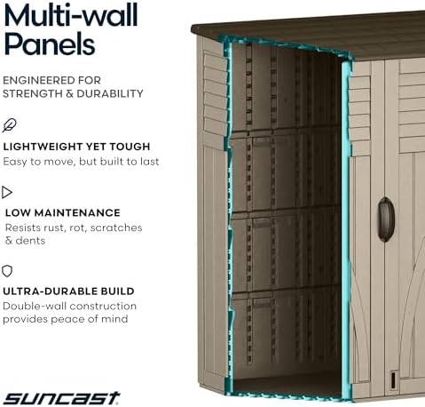 Suncast Outdoor Storage Shed, Water Resistant Resin Vertical Outdoor Storage Cabinet for Patio, Garden Tools, Cushions, & Equipment, Weatherproof Multi-Wall Design, 54 cu. ft., Made in USA