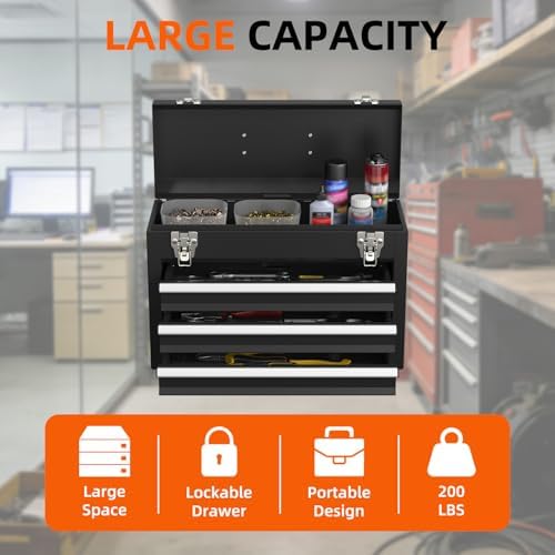 Portable Metal Tool Box – 3 Drawers Lockable Mini Toolbox, Heavy-Duty Tool Chest for Workshop & Garage (Black)