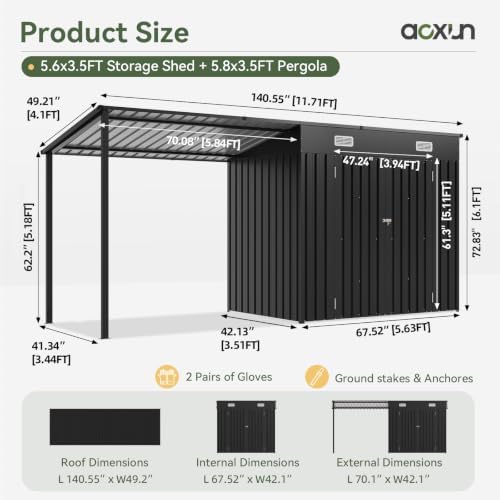 Aoxun 12x4FT Outdoor Lean to Shed & Hardtop Gazebo Black