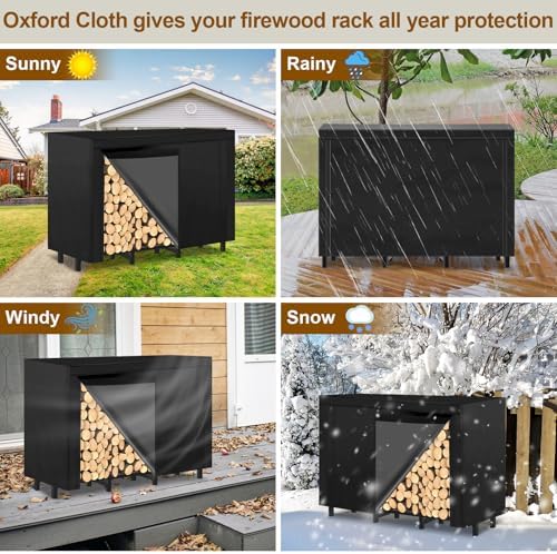 4FT Outdoor Firewood Rack, Wood Storage with 600D Waterproof Oxford Cover Heavy Duty 8 Legs Firewood Log Holder Indoor with Log Carrier, Gloves, and Kindling Hooks for Fireplace Patio Deck Wood Rack