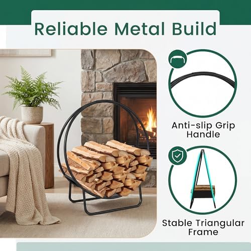 HAPPYGRILL 20” Firewood Log Hoop, Heavy Duty Metal Firewood Rack w/U-shaped Stand, Indoor Outdoor Round Wood Storage Holder for Fireplace, Patio, Deck, Backyard, Black Powder Coated, No Assembly