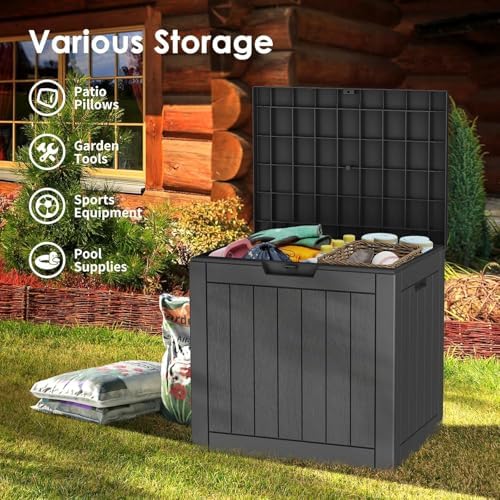 35 Gallon Outdoor Deck Box, Lockable Waterproof Outdoor Storage Boxes For Garden Tools,Indoor Cushions,Accessories Outside Storage Resin Weatherproof Container, Black