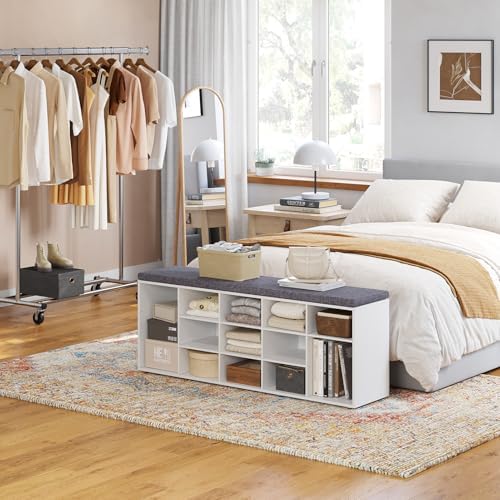 DINZI LVJ Shoe Storage Bench with Cushion, 15-Cubby Shoe Rack with Seat