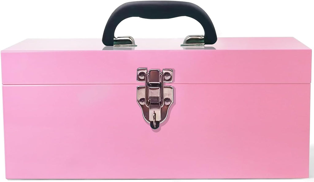 16" Pink Tool Box 18-Gauge Pink Tackle Box Portable Metal Toolbox Large Tool Box Drawer Organizer With Metal Latch and Handle