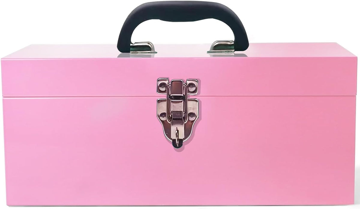 16" Pink Tool Box 18-Gauge Pink Tackle Box Portable Metal Toolbox Large Tool Box Drawer Organizer With Metal Latch and Handle