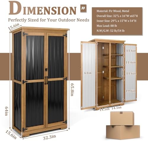 Outdoor Storage Cabinet, Wood & Metal Storage Shed with Weather-Resistant Roof, Removable Shelves, Lockable Doors, Outside Storage Tool Organizer for Garden, Patio, Backyard, Garage, Pool