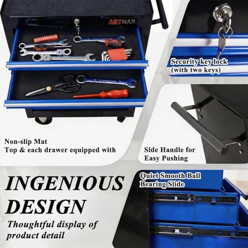 7 Drawers Rolling Tool Chest on Wheels, Multifunctional Tool Cart Tool Storage, Drawers Rolling Tool Trolley Organizer Tool Case for Garage,Warehouse,Workshop,Repair Shop (7 Drawers-Black&Blue)