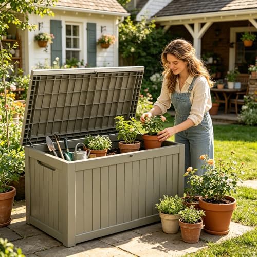 MAKINO 275 Gallon Resin Outdoor Storage Box, Waterproof Deck Box with Lockable Lid, Outside Storage Box for Patio Furniture, Pool Accessories, Garden Tools, Storage Bench for Backyard, Gray Brown