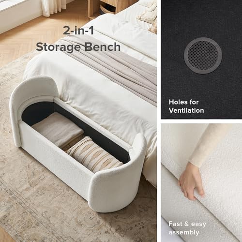 mopio Sophie 51" Ottoman Storage Bench, Entryway and Window Seating, End of Bed Curved Stool for King & Queen Bed, Storage Chest for Bedroom (Pearl White Boucle)