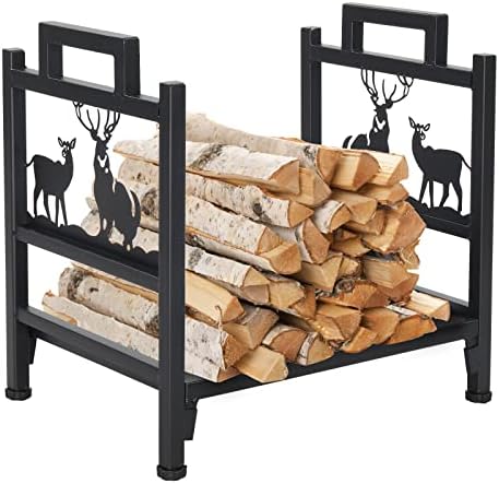 Outvita Firewood Log Rack, Small Iron Lumber Storage Holder, Wood Pile Stacker Organizer for Indoor Outdoor Fireplace Fire Stove Pit With Elk Christmas Elements Black