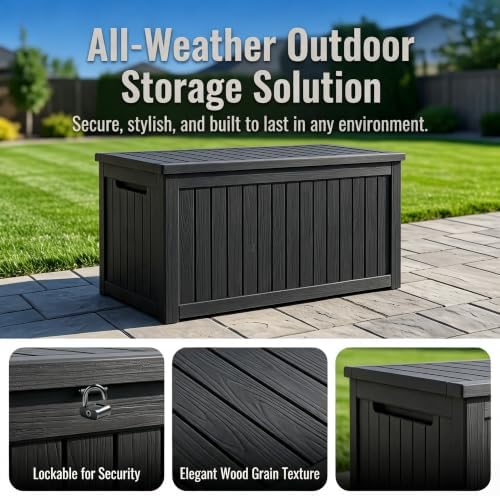 MAKINO 198 Gallon Large Resin Outdoor Storage Box, Waterproof Deck Box, Lockable Deck Container with Reinforced Support, Outdoor Chest for Patio Accessories, Outdoor Cushions, Garden Tools, Black