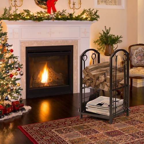 Tangkula 2-Tier Firewood Rack with 4 Fireplace Tools, 17.5''x12''x29.5''