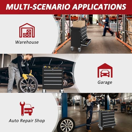 5 Drawers Rolling Tool Chest with Wheels, Portable Rolling Tool Boxes with Wheels, Tool Box Storage Cabinet with Locking System for Garage (Black, 5 Drawers)