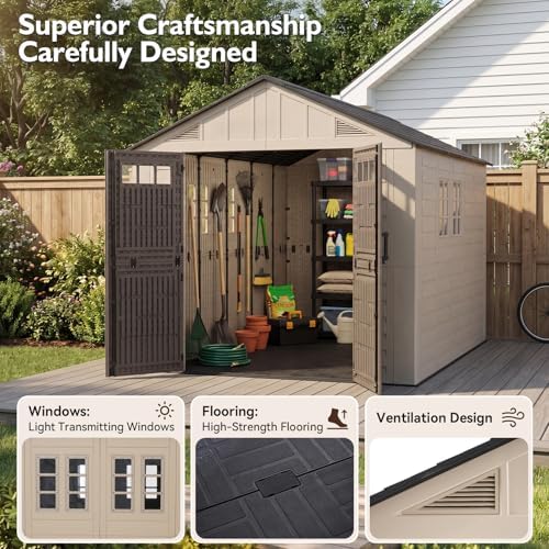 LazySunsets 8x12 Ft Outdoor Storage Shed with Light, Large Resin Outdoor Shed with Floor Included, 4 Windows & Lockable Door, Garden Plastic Storage Sheds for Bike, Lawn Tools, Garbage Can