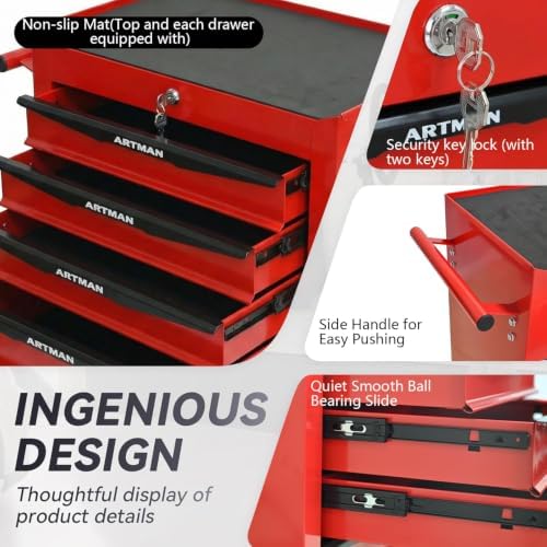 Heavy Duty 6-Drawer Rolling Tool Chest, Key Lock Tool Storage Cabinet with Lockable Casters & Drawer Liners, Mobile Tool Organizer Cart for Garage Workshop Warehouse Repair Shop (Red)