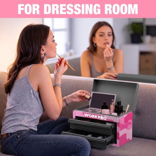 WORKPRO Metal Mini Tool Box with 2 Drawers and Top Storage