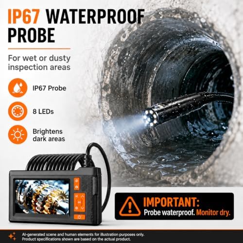 dual lens borescope camera 33ft with 4.3'' hd showing dimensions