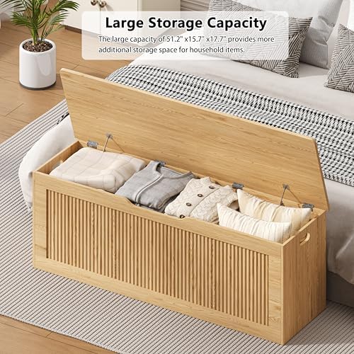 Akxomel 51.2" Fluted Storage Chest Wooden Storage Trunk 2 Safety Hinges Oak