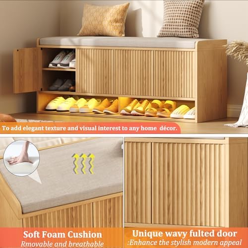 HOMEFORT 47.2" Fluted Shoe Storage Bench, Entryway Bench with Linen Seat Cushion, Shoe Cabinet Bench with Adjustable Shelf and Built-in LED Sensor Light, Bench for Bedroom End of Bed, Natural Oak
