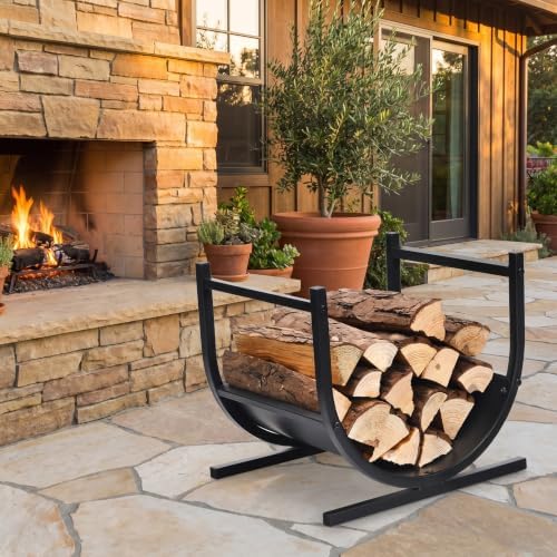 Goplus Firewood Rack, 17” U-Shaped Heavy-Duty Iron Log Rack with Stable Base & Carrying Holder, Indoor & Outdoor Decorative Wood Stacking Holder, Easy Set Up
