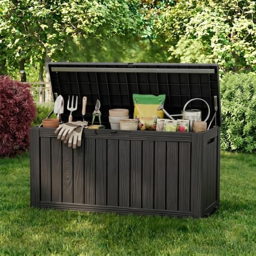 ROJIK 149 Gallon Outdoor Storage Box Waterproof,Weatherproof Deck Boxes Outdoor Lockable,Resin Outside Storage Box for Garden Tools,Cushions,Accessories(Black,149 Gal)