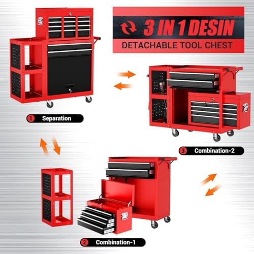 Heavy Duty 8 Drawer Rolling Tool Chest, 3-in-1 Modular Tool Box Set with Detachable 4-Tire Utility Cart, Lockable Workshop Tool Cabinet with Protective Liner for Industrial Warehouse, Red