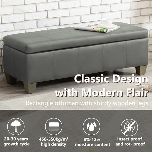 51 Inch Storage Ottoman, Storage Bench with Safety Hinge, Upholstered Synthetic Leather Ottoman Bench for Bedroom, Living Room, Entryway, Hallway, Foot Rest, Support 500lbs