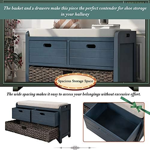 SOFTSEA Storage Bench with Drawers and Basket, Farmhouse Shoe Bench with Seating and Cushion for Hallway Entryway Living Room, Full Assembled, Navy
