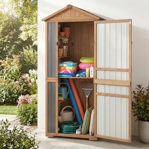 4-Tier Metal & Wood Outdoor Storage Cabinet with Reinforced Frame, Weatherproof Asphalt Roof, Adjustable Shelves, Lockable Doors for Patio, Garden, Garage Organization