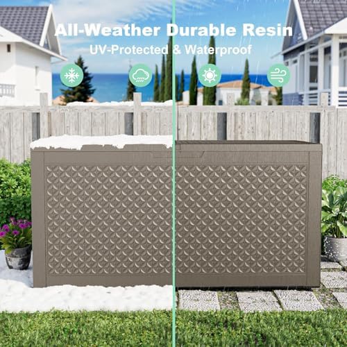 110 Gallon Outdoor Storage Box Waterproof, Resin Lockable Deck Box with Lid, Large Capacity Weatherproof Container for Patio Furniture, Side Table and Cushions(Grey, 110 Gallon)