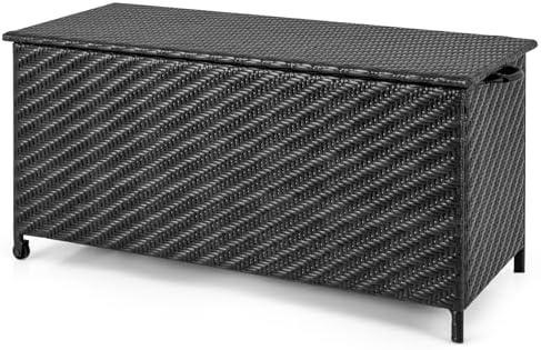 Tangkula Tightly-Woven Rattan Deck Box, Patiojoy Storage Cabinet Container with Polyester Liner, Universal Wheels & Gas Strut, 85 Gallon Indoor Outdoor Storage Box for Pillows, Cushions (Black)
