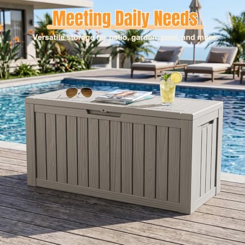 Outdoor Storage Box,140 Gallon Waterproof Resin Deck Box with Support Rod