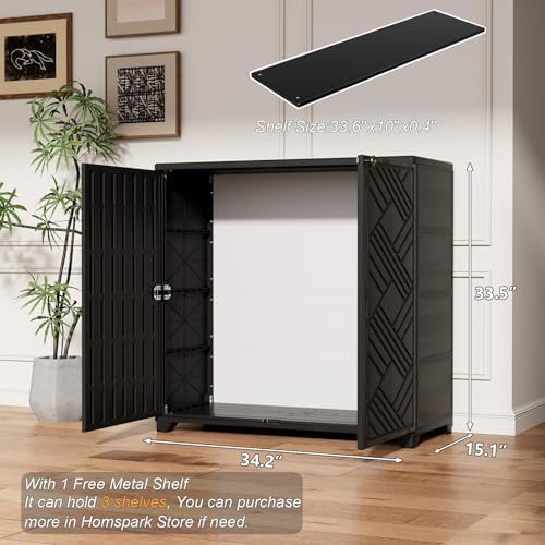 HOMSPARK Indoor/Outdoor Storage Cabinet with Doors and 1 Shelf, 34”x15”x34” HDPE Plastic Storage Box for Bedroom, Bathroom, Living Room, Balcony, Multi-Purpose for Daily Tools, Black