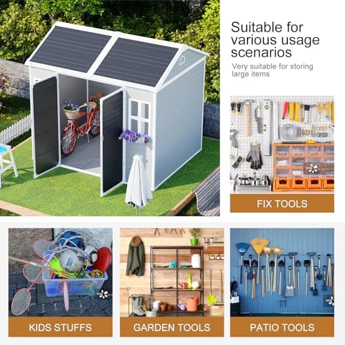Outdoor Resin Storage Shed 8x6x7 FT with Floor 2 Windows, Reinforced Frame Large Waterproof Plastic Garden Sheds Kit with Base for Backyard Patio Lawn Tools Storage, Gray