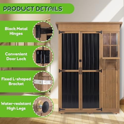 Large Outdoor Storage Cabinet Waterproof with Shelves, Outside Storage Shed Tall Backyard Cabinet with Fold-Out Table for Patio, Garage, Garden, Pool Accessories Storage, Black, 70.5" H x 51" L