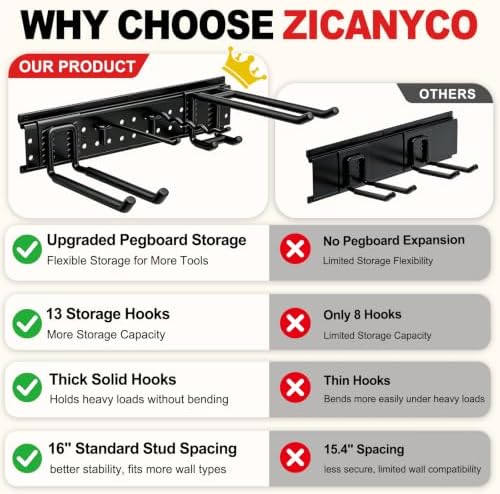 Garage Tool Organizer Wall Mount 66 inches with 13 Adjustable Heavy-Duty Hooks, Garage Organization, Garden Tool Storage Rack, Yard, and Shed, Holds Up to 520 lbs