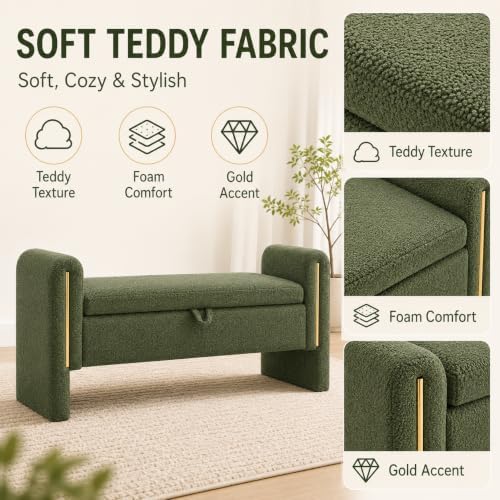 52" Upholstered Storage Bench, Green, Armrests, Wood Frame