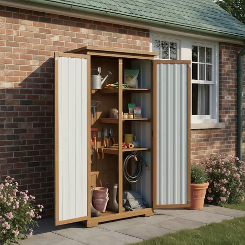 Outdoor Storage Cabinet, Wood & Metal Storage Shed with Weather-Resistant Roof, Removable Shelves, Lockable Doors, Outside Storage Tool Organizer for Garden, Patio, Backyard, Garage, Pool