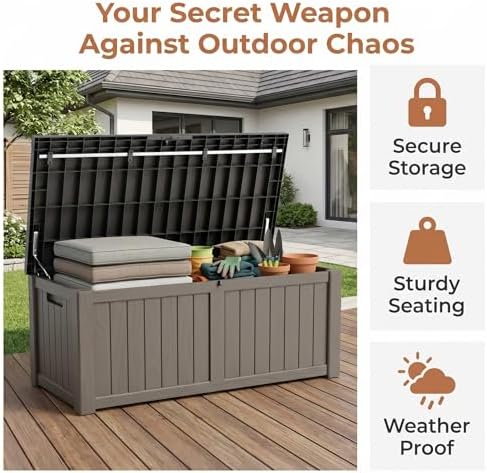 148 Gallon Resin Deck Box - Outdoor Storage Chest for Patio Furniture Cushions, Garden Tools, Pool Accessories & Backyard Organization Lockable Waterproof All-Weather, Easy Assembly