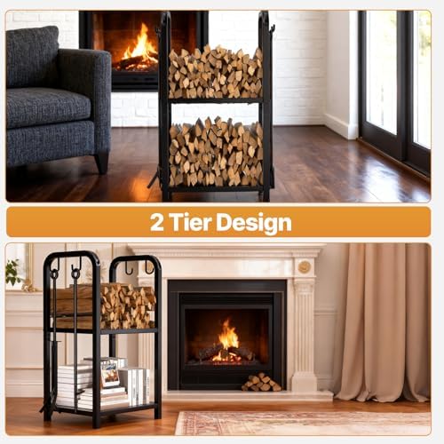 Vailge Firewood Rack Indoor with 4 Pieces Long&Detachable Fireplace Tools, Heavy Duty Steel 2-Tier Firewood Holder Storage, Log Rack for for Fireplace, Fire Pit, Wood Stove Black