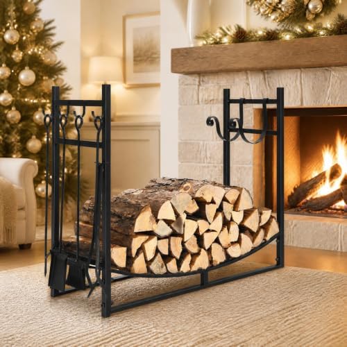 Goplus Firewood Rack Indoor, 36” Firewood Holder with 4- Piece Fireplace Tools-Shovel, Poker, Tongs, Brush, Kindling Holders, Heavy Duty Indoor Log Storage Rack, Outdoor Wood Rack for Fire Pit, Stove