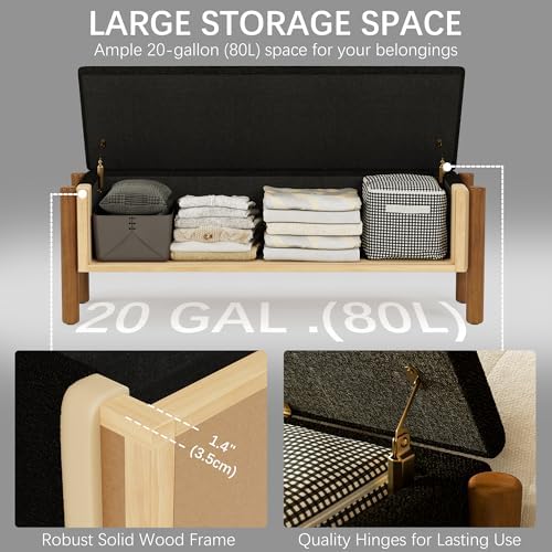 Modern Storage Benches with Walnut Wood Legs, 47'' Ottoman Bench with 20 Gallons Storage Space for Bedroom End of Bed, Fabric Upholstered Entryway Bench with Seating for Livingroom, Black