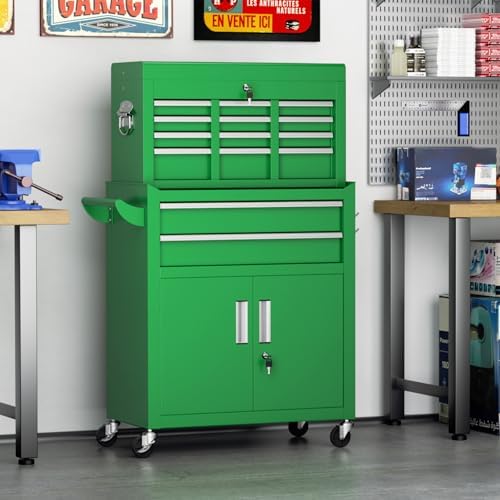 Superday Metal Tool Chest, 8 Drawer Rolling Tool Chest with Wheels, Detachable Tool Storage Cabinet with Lock for Garage, Steel Tool Cart with Liner & Hooks for Workshop, Warehouse (Green)