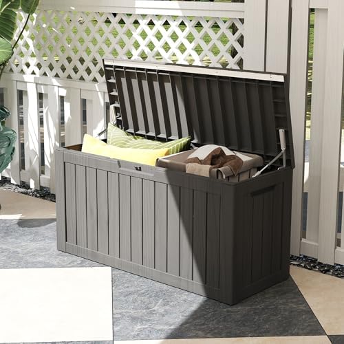 80 Gallon Deck Boxes Outdoor Waterproof, Outdoor Storage Box with Lockable Lid & UV-Resistant for Patio Furniture, Outdoor Cushions, Garden Tools and Pool Supplies, Light Brown