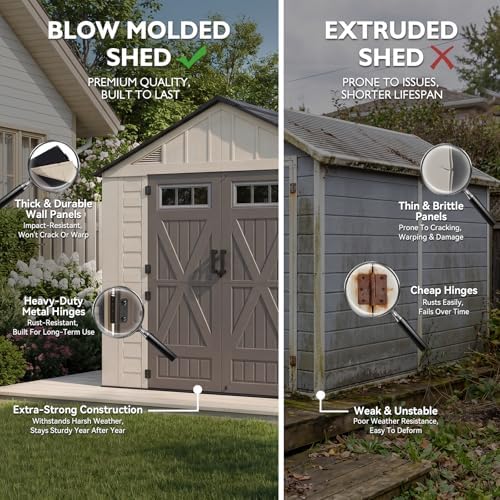 LazySunsets 8x12 Ft Outdoor Storage Shed with Light, Large Resin Outdoor Shed with Floor Included, 4 Windows & Lockable Door, Garden Plastic Storage Sheds for Bike, Lawn Tools, Garbage Can