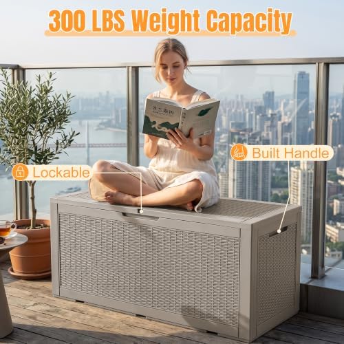 Outdoor Storage Box, 170 Gal Waterproof Resin Deck Box w/Support Rod