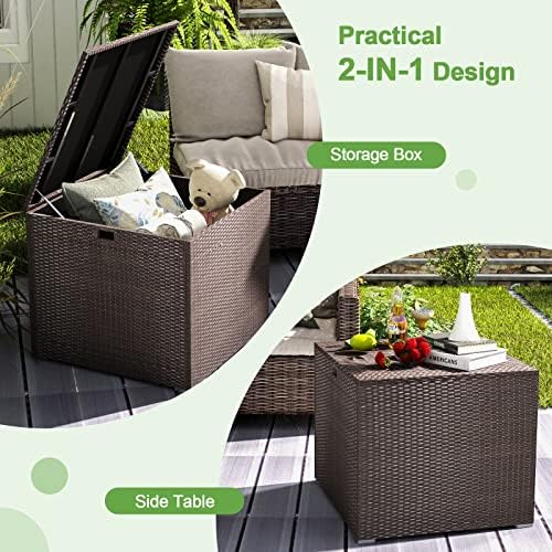 HAPPYGRILL Outdoor Storage Deck Box, 72 Gallon Square Wicker Patio Rattan Storage Container with Zippered Liner & Safe Pneumatic Rod, Outdoor Wicker Deck Box for Garden Tools Cushions